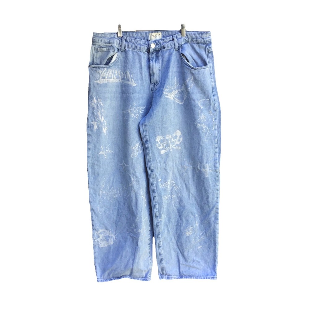 YoungLA Baggy Wide Leg Graphic Jeans Light Wash Denim Men's XXL 38x31 Y2K Skater